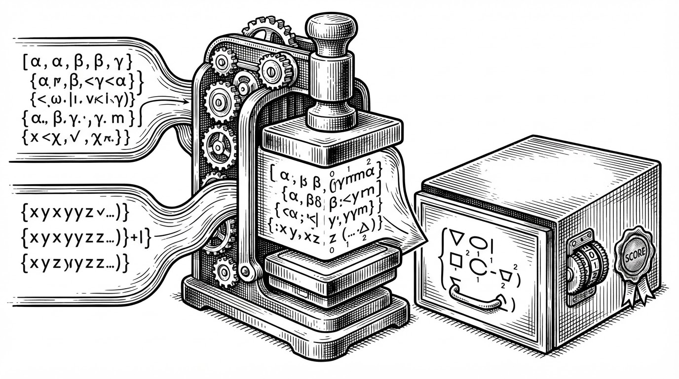 A close-up editorial scene of two logically equivalent patterns being rewritten into a single indexed form. On the left, the same structure uses different variable names. In the center, a normalization device converts both into numbered variables. On the right, one cache drawer stores the canonical version while a support counter and score badge attach to it. The image explains that canonical identity is the repo's key abstraction.