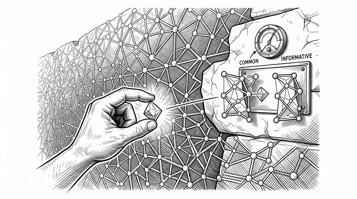 A wide editorial scene of a symbolic quarry cut into a dense lattice of nodes and edges. A miner extracts a single geometric token while nearby patterns collapse into one stamped identity and a small gauge marks one as common and another as unexpectedly informative. The image explains that the project is not just counting graphs, it is extracting reusable symbolic objects and ranking them by surprise.