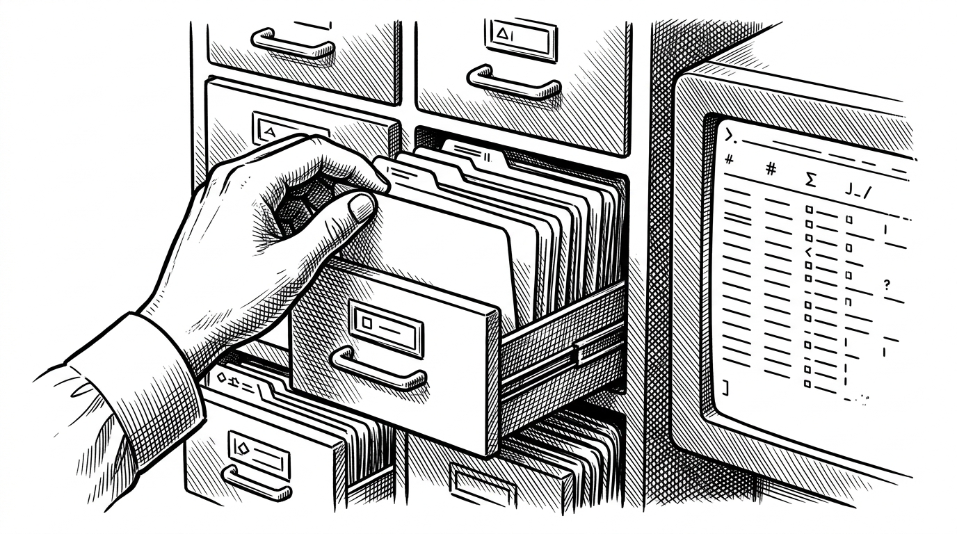 A close-up stack of interlocking file drawers or index cards is arranged like a map of Factbook fields. One card is pulled forward while a clean terminal output appears beside it, showing how one query can surface a normalized answer without exposing the whole hierarchy.