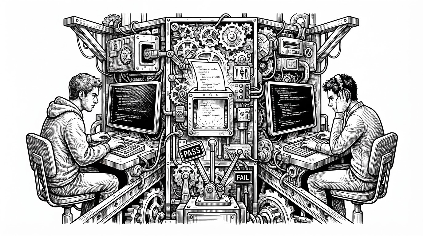 Two programmers face each other across a compact mechanical arena while a judge mechanism sits between them, feeding code into a compiler furnace and sending back pass or fail signals. The scene explains that CodeClash is both a competition system and a local execution engine, not just a practice site.