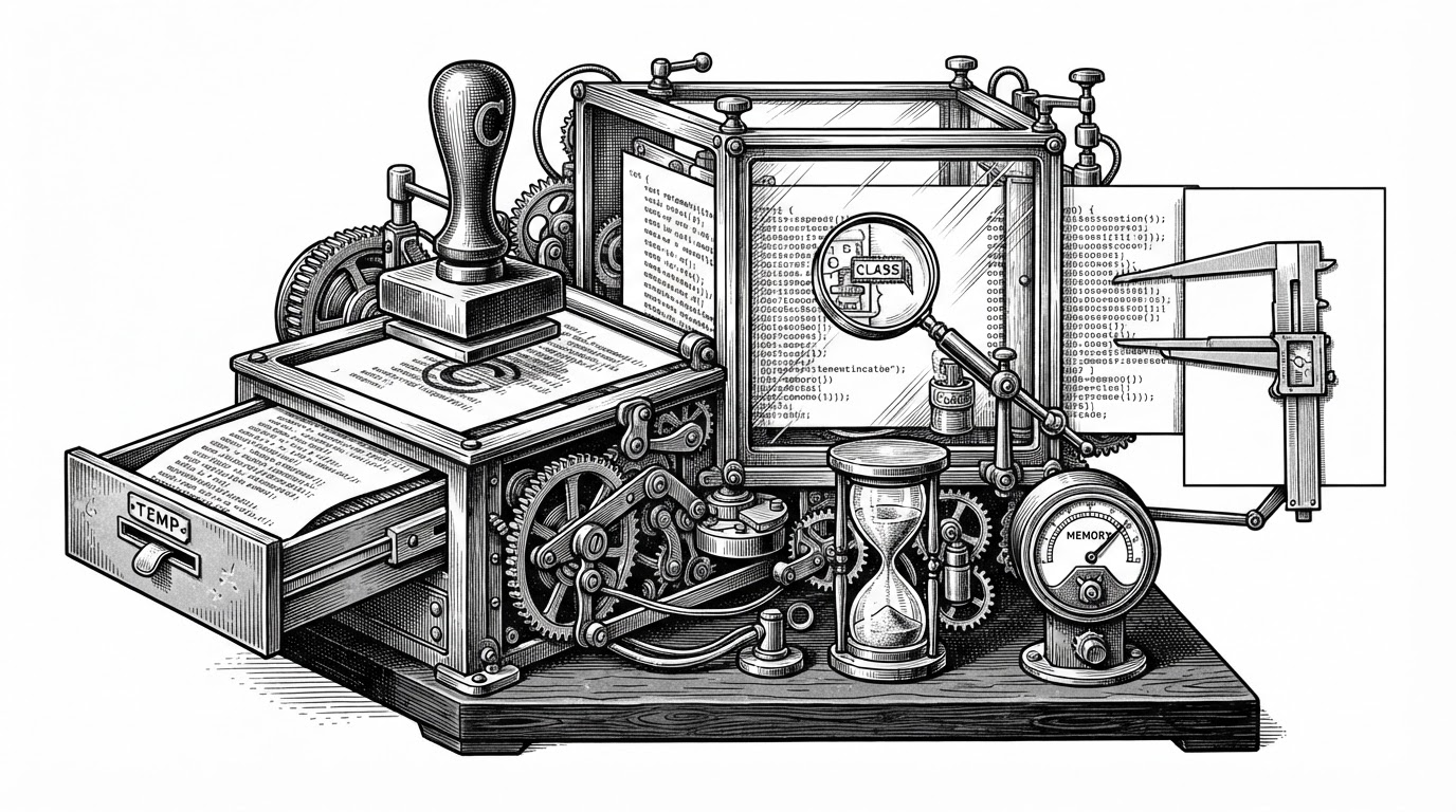 A close view of a code sheet moving through a sequence of mechanical stations: a magnifying glass extracts the class name, a drawer holds a temp directory, a compiler press stamps javac, and a timer and memory gauge guard the runtime chamber. The image explains the service pipeline that makes local execution feel controlled instead of ad hoc.