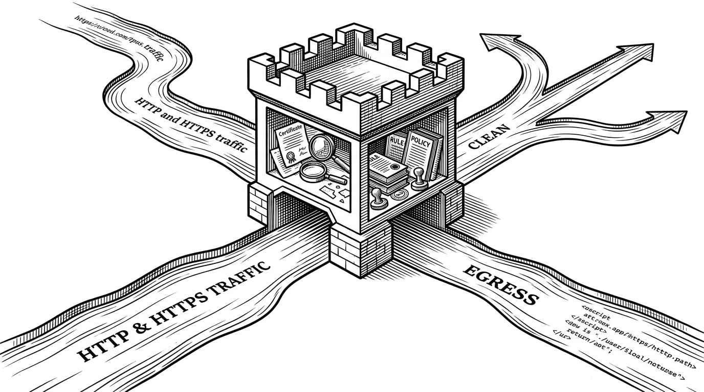 A river of traffic passes through a fortified gatehouse with two chambers, one for inspection and one for policy decisions, before splitting into clean outbound streams. It explains FlowGuard as a boundary layer that intercepts requests, evaluates them, and then routes them onward.