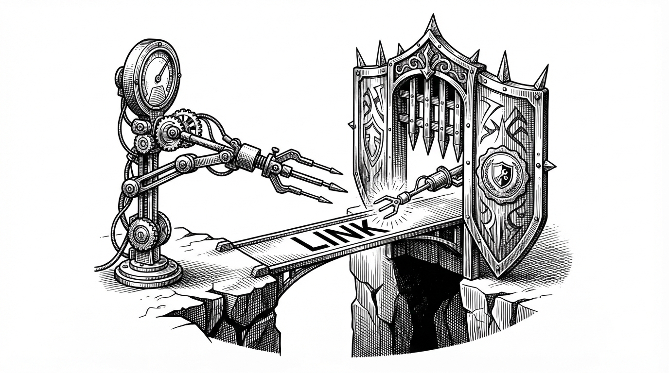 A probing instrument tests a fragile web link while a barrier like a Cloudflare screen blocks one path and allows another. The image explains that the validator distinguishes between a dead link and a live site protected by anti-bot infrastructure.