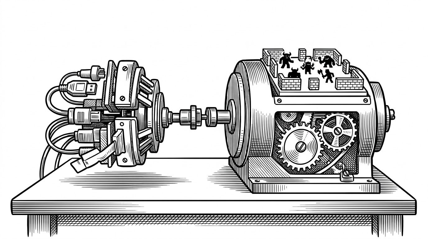 A split mechanical engine on a white background. One side shows a small bundle of plugs, cables, and interchangeable gearboxes, while the other side shows a larger clockwork core driving a miniature battlefield and timing wheel. The composition explains that DOOM’s platform code can be swapped without disturbing the simulation underneath.