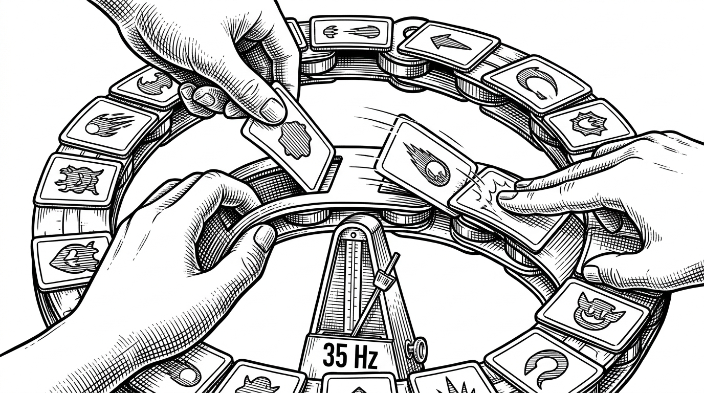 A close-up of a circular chain of linked object cards on a white background. Each card represents a moving entity such as a monster, projectile, or effect token. A timing metronome sits beneath the chain at 35 Hz, while one token is removed and another snaps in immediately, illustrating the thinker system’s fast insertion and deletion.