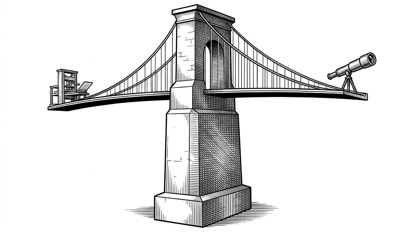A sleek suspension bridge arching directly over a massive stone tollbooth, connecting a printing press to a telescope, illustrating the bypass of platform gatekeepers.