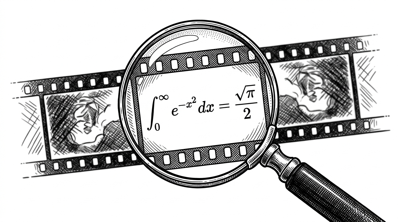 A vintage magnifying glass focusing on a single, glowing mathematical equation embedded seamlessly within a physical strip of celluloid film, demonstrating mathematical verification applied to media.