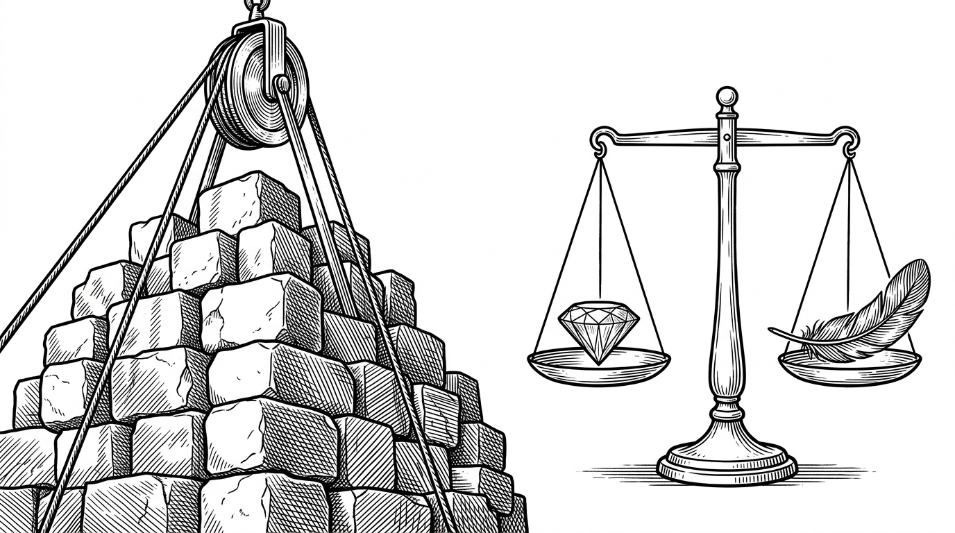 A split composition showing a strained pulley system hoisting heavy stone blocks on the left, and an elegant jeweler's scale balancing a diamond against a feather on the right, contrasting Web3 bloat with Web2.5 efficiency.