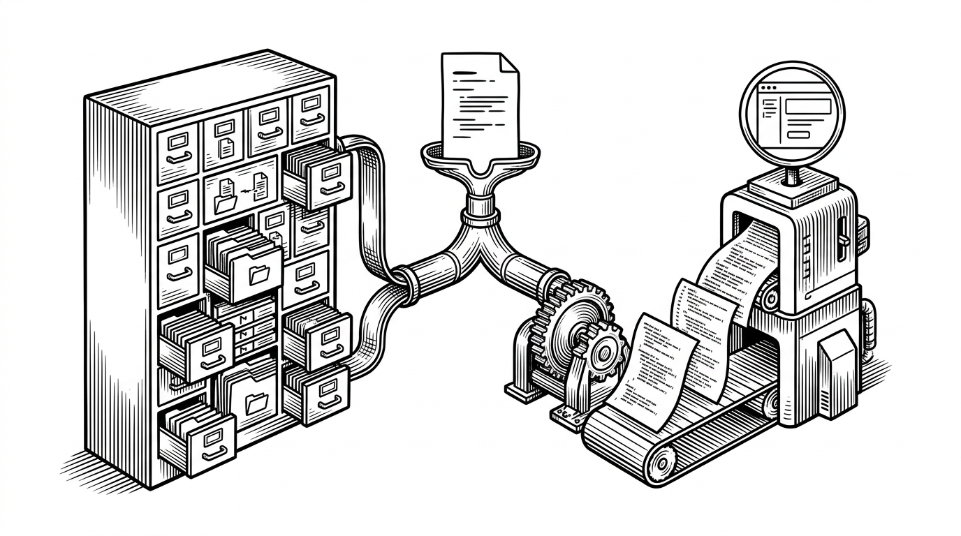 A prompt sheet feeds a branching machine that splits into a file-tree cabinet on one side and a deployment tower on the other. The scene explains that the project turns chat into structured software state, then pushes that state into a live preview environment.