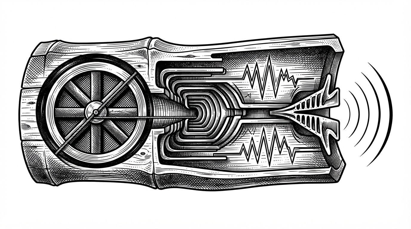 A close-up cross-section shows motion turning into sound. A spinning phase wheel feeds a bandpass filter and clipped oscillator branch, then the output becomes a stylized acoustic ripple. The image explains how the toy's movement is translated into the familiar wah-wah voice.