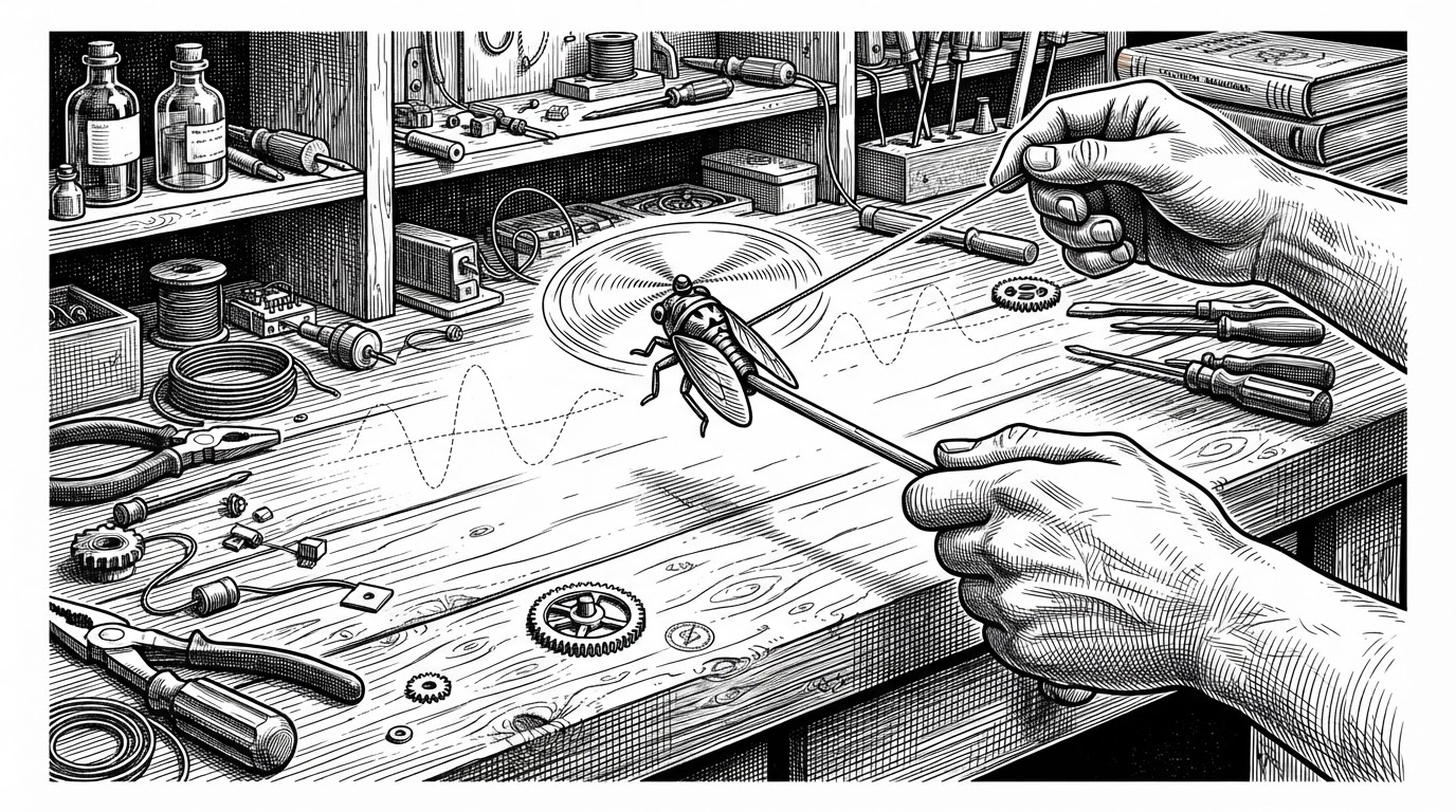 A bamboo cicada hangs above a workbench while a hand pulls its string and another steadies the stick. A faint waveform ribbon, a tiny clock mechanism, and a sealed offline mark are woven into the scene to show that the object is both a toy and a preserved system.