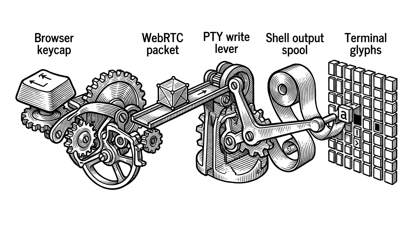 A close-up mechanical chain shows a browser keystroke becoming a packet, then a PTY write, then terminal output, and finally rendered glyphs. The image explains that Aether is moving ordered terminal data through a live stream, not mirroring pixels from a remote desktop.