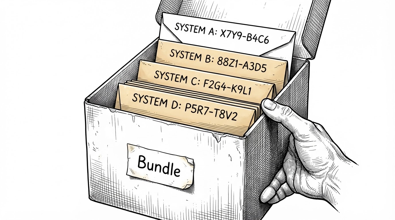 A tight close-up of a physical filing box labeled 'Bundle.' Inside, four envelopes are stacked, each labeled with a different code system and a different code string written on its face. A hand holds the box open, revealing the top envelope.