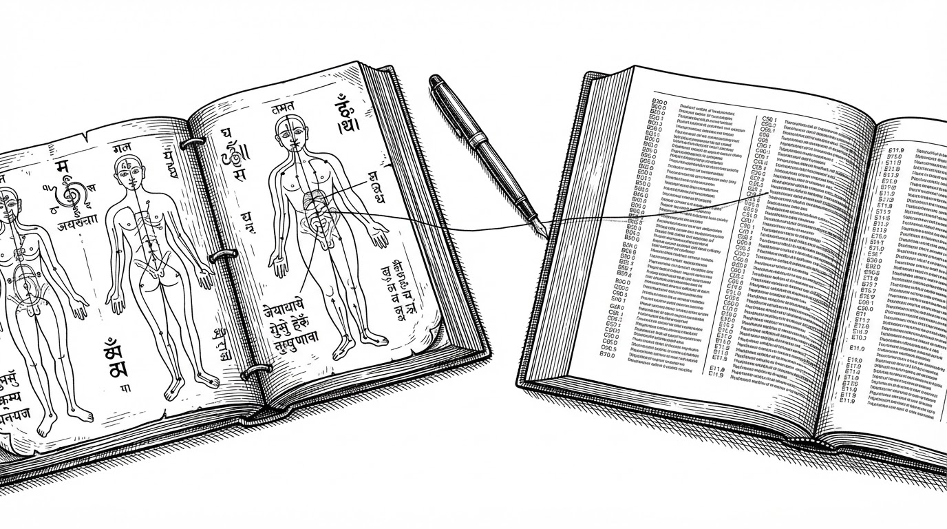 An overhead view of a physician's desk with two open reference books side by side. On the left, an Ayurvedic diagnostic chart with hand-drawn body regions and Sanskrit labels; on the right, a modern ICD-11 tabular list with columns of alphanumeric codes. A single pen lies across both books, and one entry on the Ayurvedic chart is joined to one entry on the ICD list by a single taut thread.