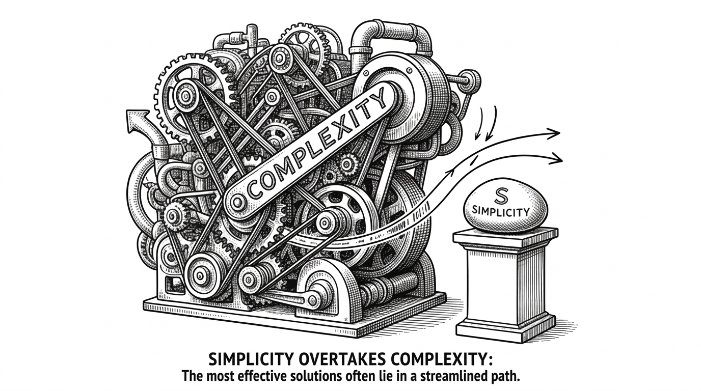 A single smooth stone bypassing a massive, complex piece of machinery. This represents the elegant simplicity of a single HTML file bypassing modern, tangled web development pipelines.