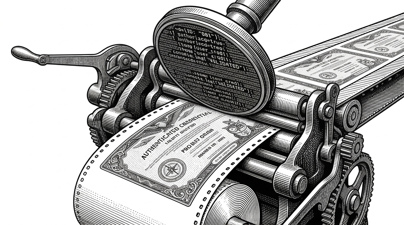 A close-up of a classic printing press stamping a formal credential card onto a continuous roll of paper, where the printing plate is made of interlocking lines of code.