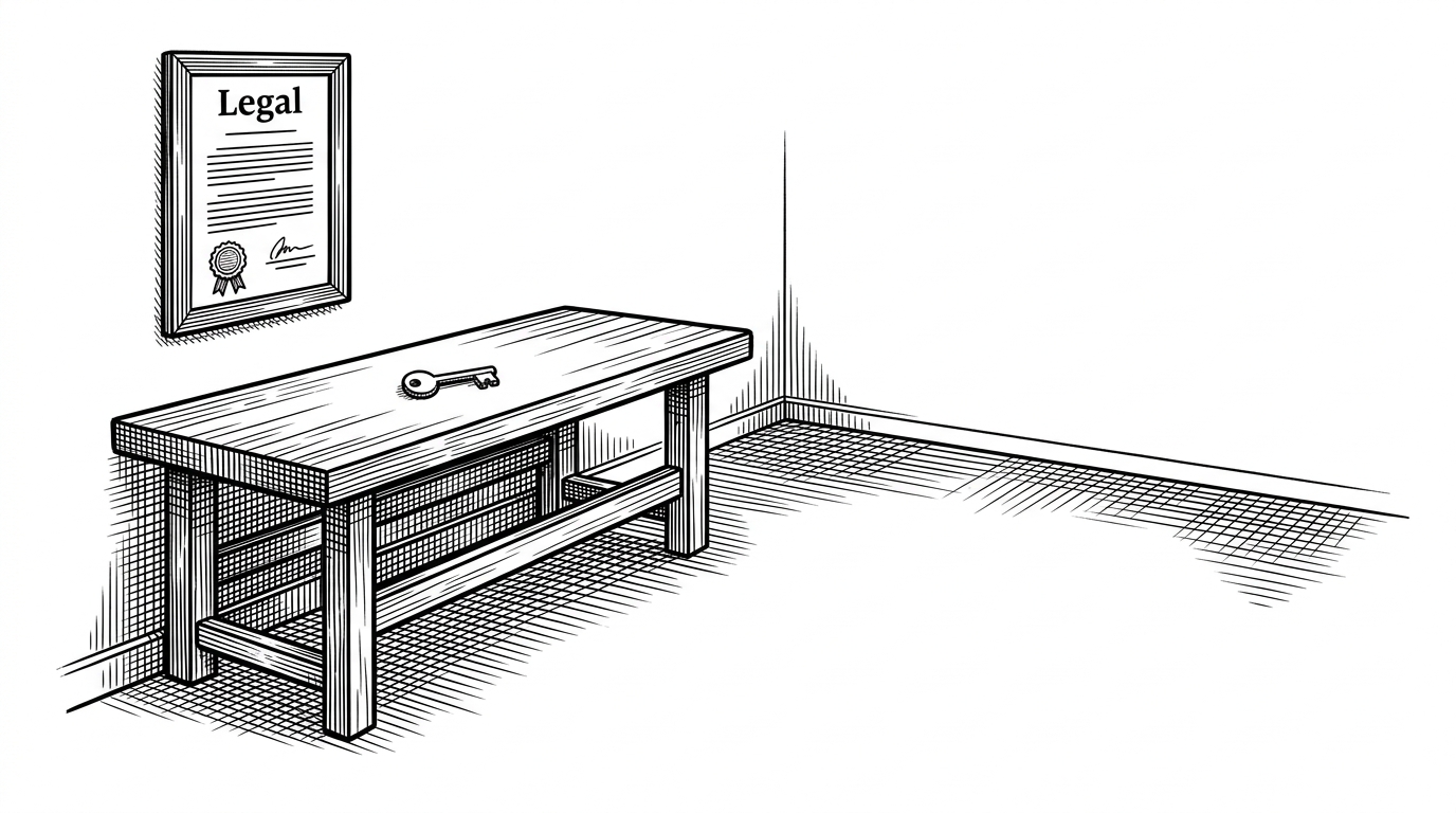 A nearly empty workshop with one framed legal document on the wall, a lone key on the bench, and a wide open space where a machine should be built. It visualizes how a repository can communicate intent through naming and licensing before it has substantive code.