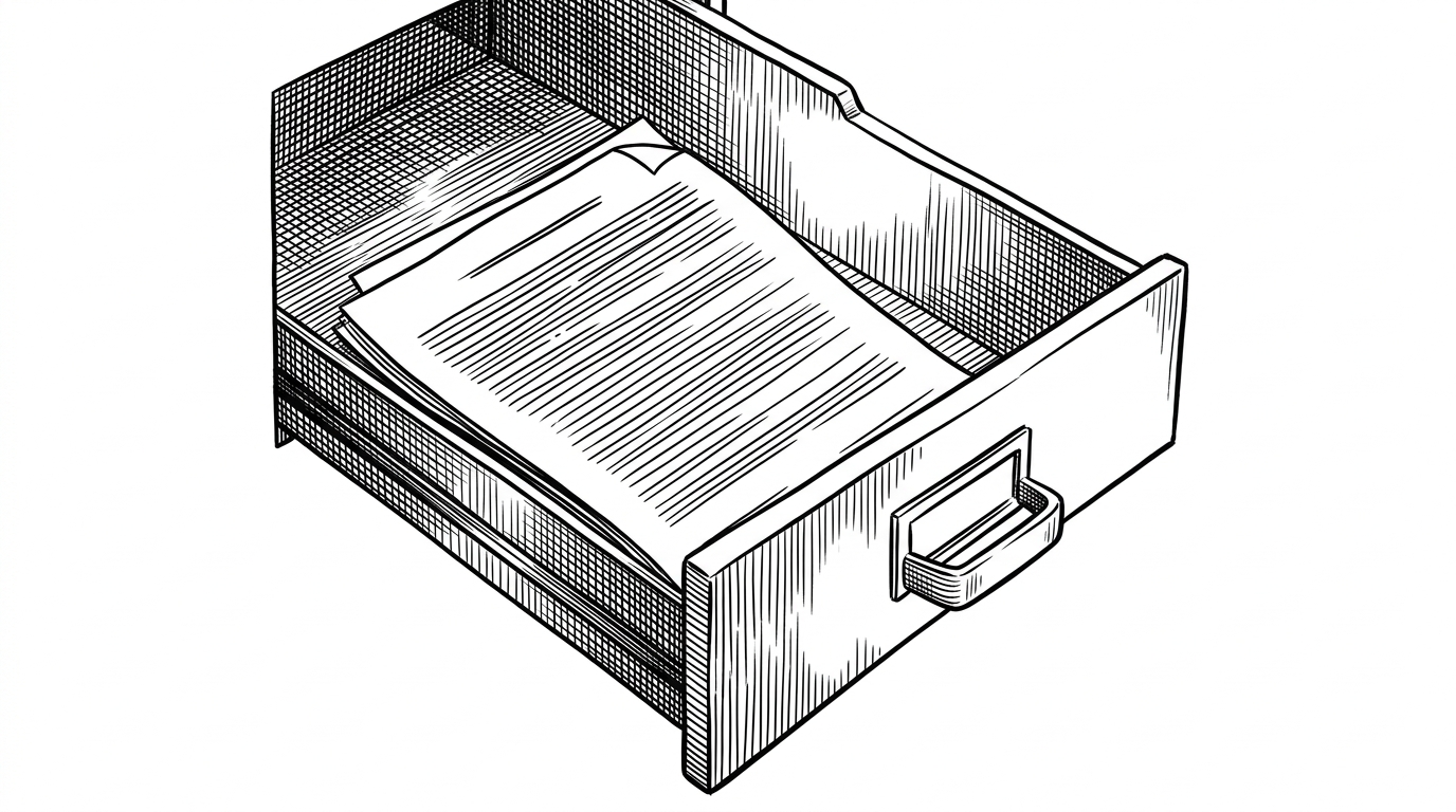 A close-up of a single legal document lying inside an almost empty folder drawer. The paper is the only object with weight, while the rest of the frame is negative space. It suggests that legal framing exists before software substance.