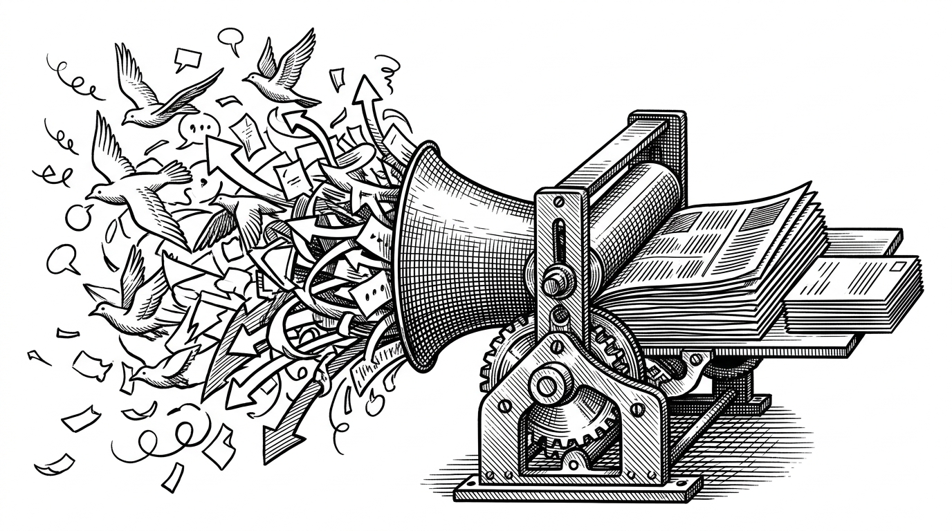 A dense stream of tangled birds, arrows, and paper scraps is pressed through a mechanical filter and emerges as a neat stack of newspaper pages. The image explains how the project turns chaotic social media input into orderly articles.