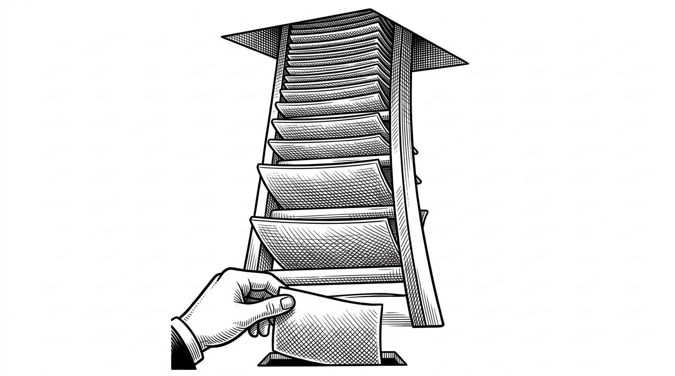 A crowded leaderboard climbs toward a hard ceiling while a judge's hand lowers a final scorecard into place. The scene explains why the benchmark matters, and why it eventually stopped distinguishing the best models from one another.