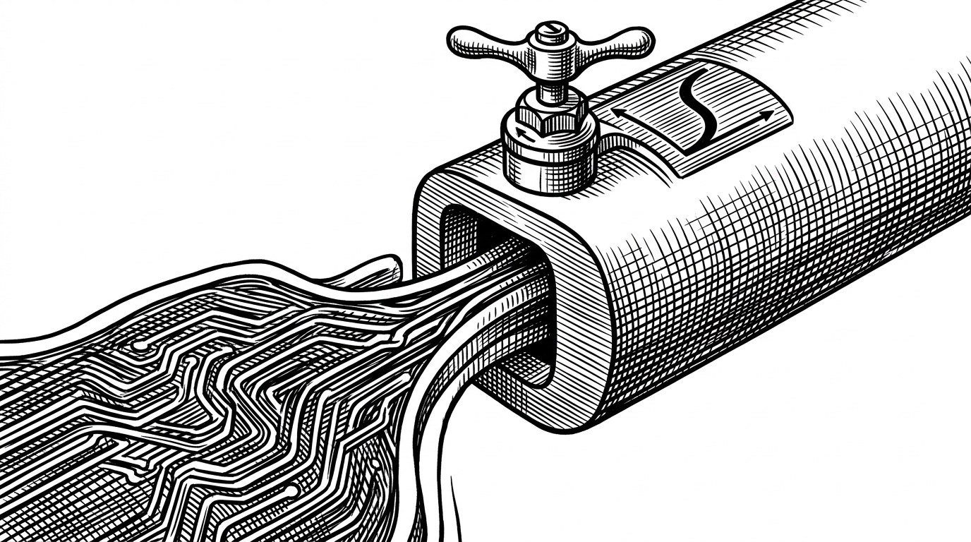 A tight black-ink close-up shows a single weight channel with a small valve above it and a sigmoid curve controlling how much of a patch gets through. The image explains the per-parameter logic of the repo, where each weight can be opened or throttled independently.