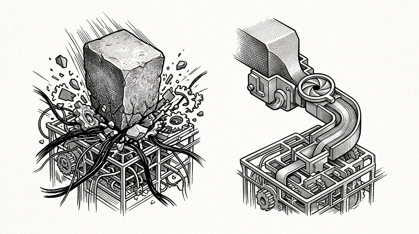 A split editorial scene contrasts a blunt diff on the left, where new changes crash into a model and distort its details, with a gated transfer on the right, where the same changes are softened before landing. The image explains why the repo’s method is about damage control as much as capability import.