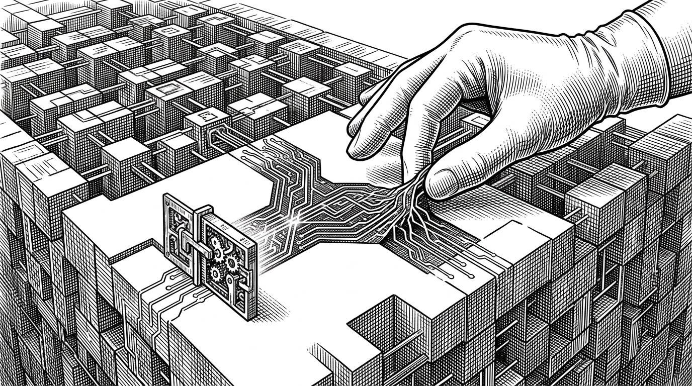 A black-ink editorial scene shows a careful hand placing a thin circuitry patch onto a model weight matrix while a small gate shields part of the structure from change. The image explains the repo’s central idea: transfer a capability, but let the target model resist the overwrite where it already diverged.