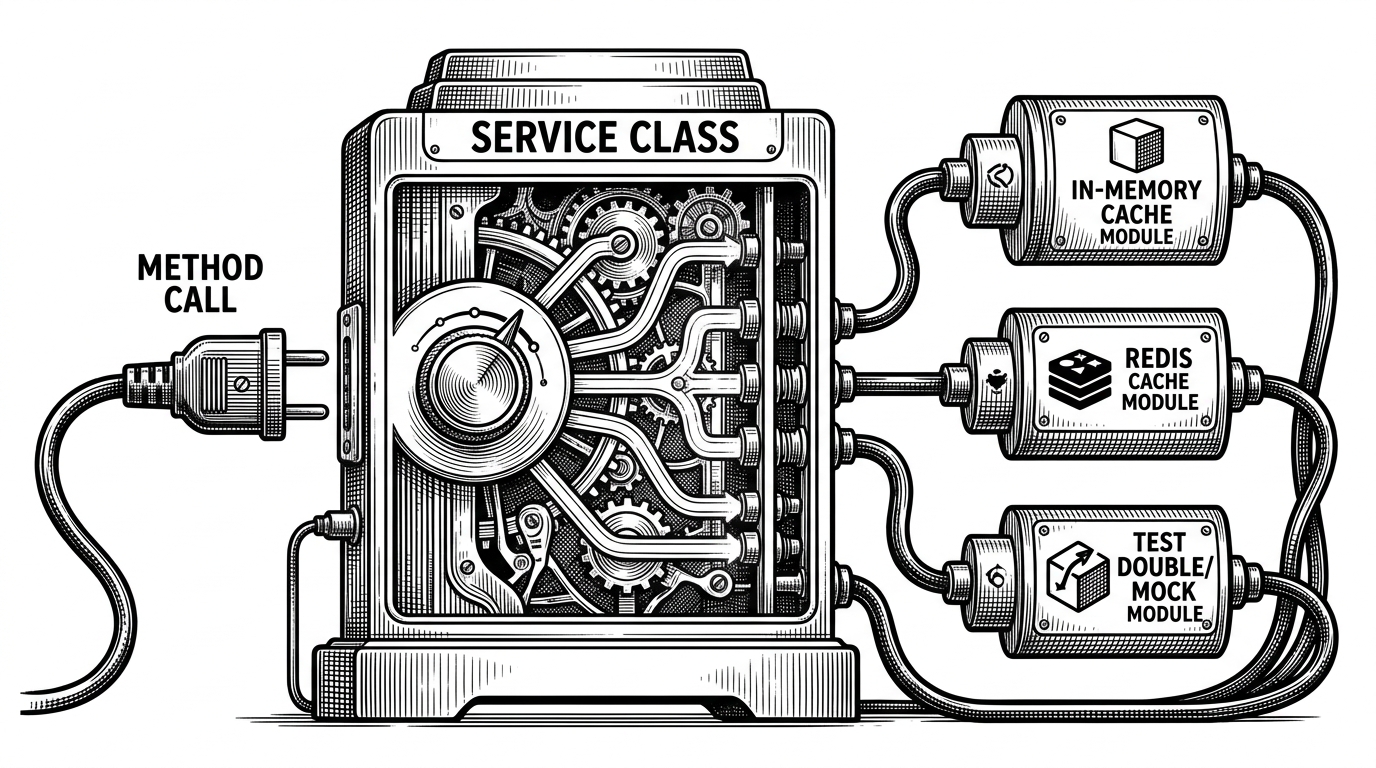 A hand-drawn service class shown as a switchboard in the center, with three cache cartridges branching off to memory, Redis, and a test double. A single method call enters the class, and the routing decision happens inside the class instead of outside it. The image explains that caching here behaves like an injectable runtime dependency rather than a fixed decorator.
