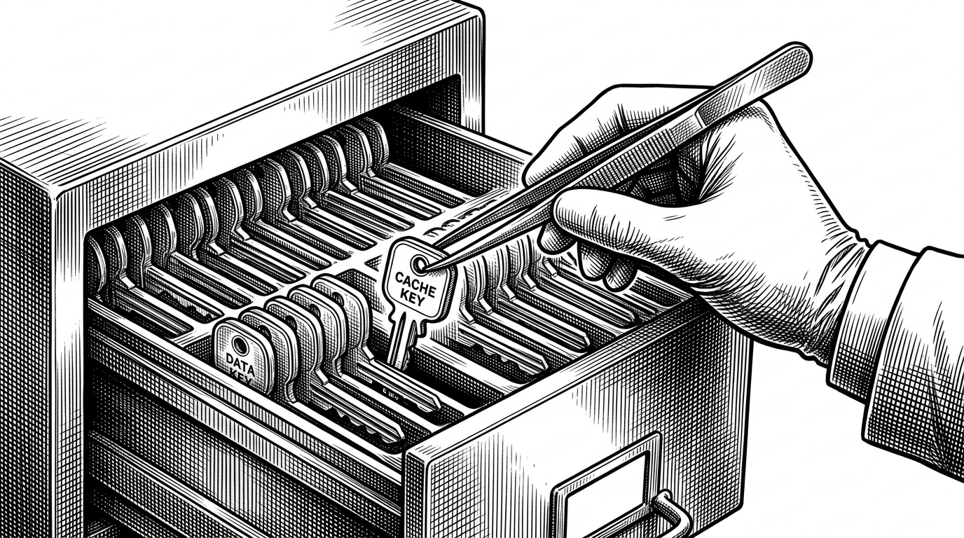 A close-up of a key rack or filing drawer where one labeled cache key is being pulled out with tweezers while nearby keys remain untouched. The composition emphasizes precision and restraint. The image explains that invalidation is selective, not a full reset.