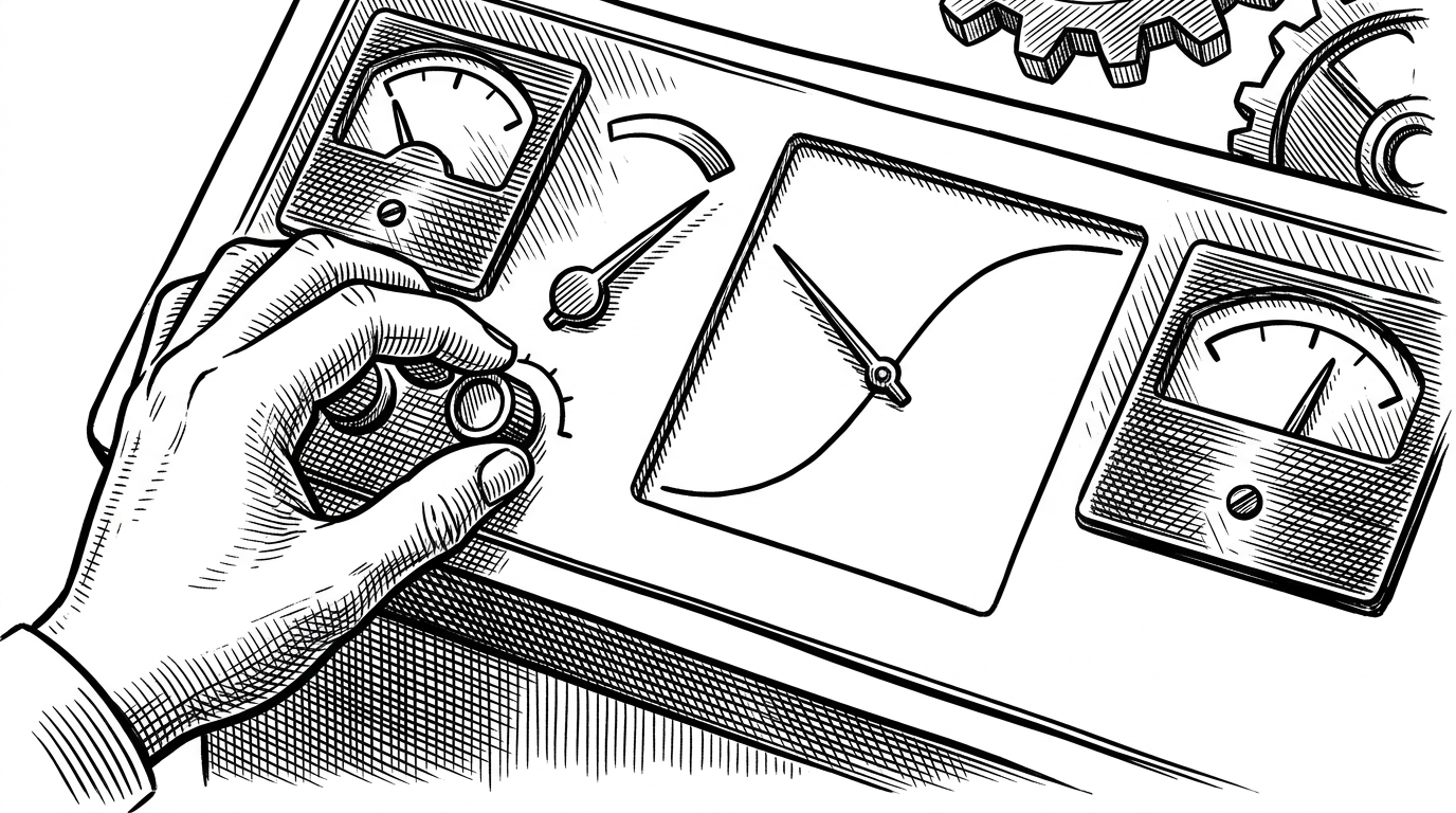 A close-up control panel shows three stages in sequence, with a prior knob, a likelihood needle, and a posterior gauge. A hand adjusts a small base-rate dial while the output needle settles onto a smooth curve, which explains how bb25 turns lexical evidence into a calibrated relevance estimate.