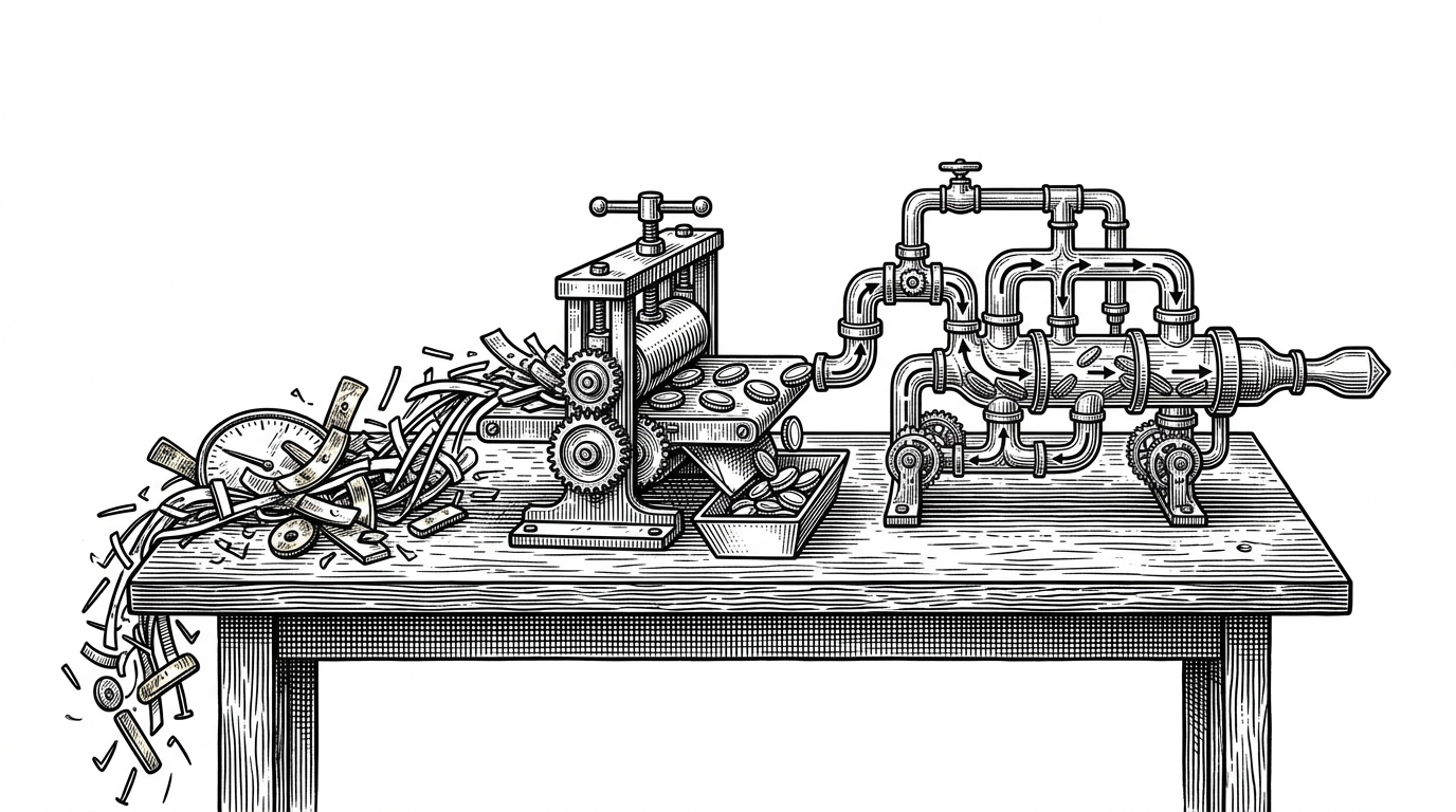 A wide workbench scene shows a BM25 score dial spilling off the left edge of the table as loose score ticks and brass markers. In the center, a calibration press compresses that messy signal into neat probability tokens, and on the right a second machine made of interlocking tubes and vector arrows receives those tokens and combines them into one output. The image explains that bb25 changes the unit of a score before it tries to fuse it with embeddings.