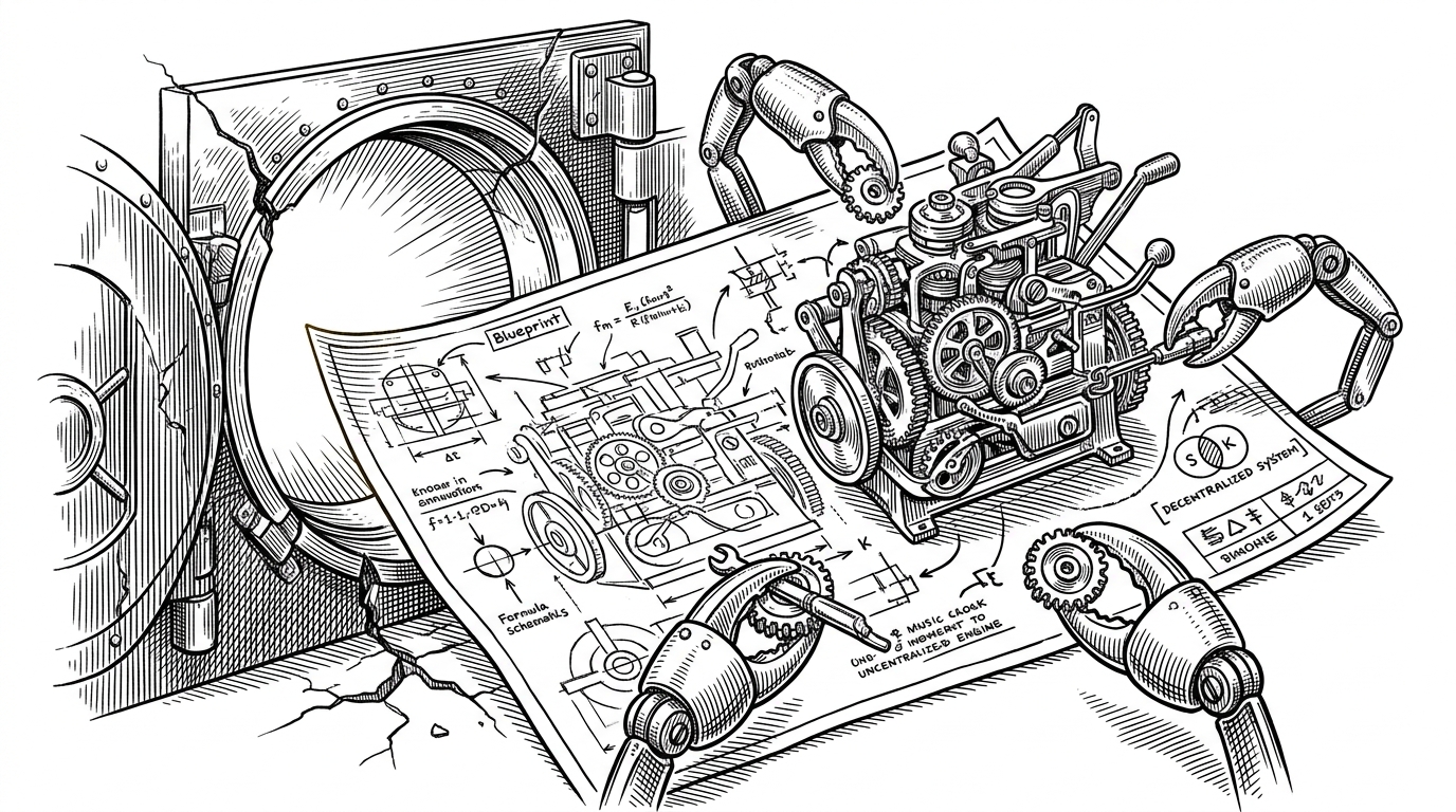 A glowing, intricate blueprint spilling out of a cracked, heavy bank vault door. Around the blueprint, several mechanical crab claws are rapidly assembling a shiny new clockwork engine directly on top of the paper designs. This illustrates the transition from a leaked proprietary design to an open-source Rust rewrite.