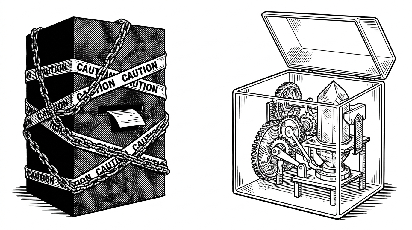 A split composition. On the left, a solid black monolith wrapped tightly in thick chains and caution tape, with a single slot for paper to slide in and out. On the right, an open glass terrarium where intricate gears, levers, and processing crystal are clearly visible, neatly arranged, and accessible. This contrasts closed proprietary systems with open-source runtimes.