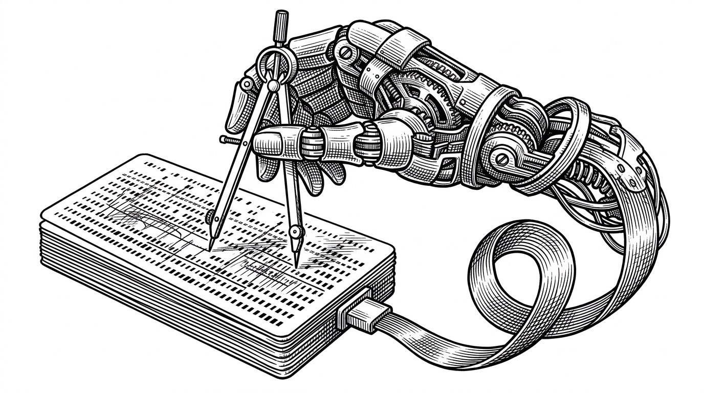 A highly detailed close-up of a mechanical hand holding a drafting compass. The hand is tracing precise geometric lines over a stack of punch cards. A ribbon of data flows out of the punch cards and feeds directly back into the mechanical hand's own wrist joint. This illustrates the concept of autonomous self-construction.