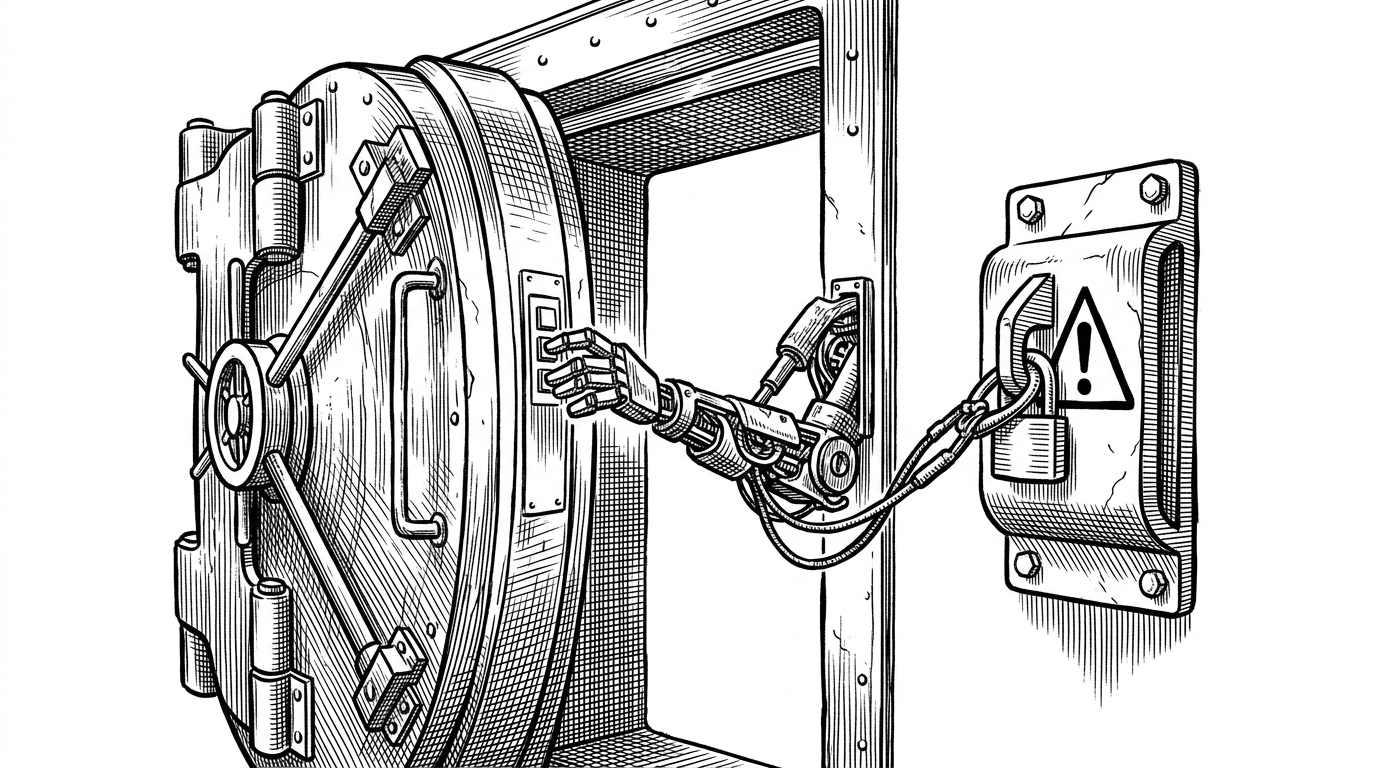A heavy steel vault door slightly ajar. A mechanical arm reaches through the gap towards a control panel, but the arm is securely tethered to a massive locked wall-anchor. This represents the strict MCP bounding box.