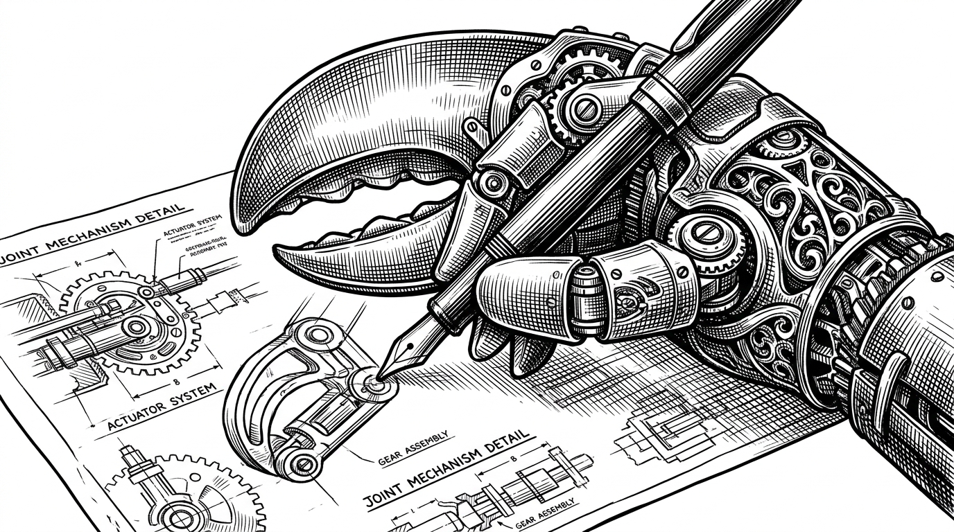 A highly detailed mechanical lobster claw drafting a blueprint of its own joints. This represents the autonomous, self-building nature of the claw-code repository.