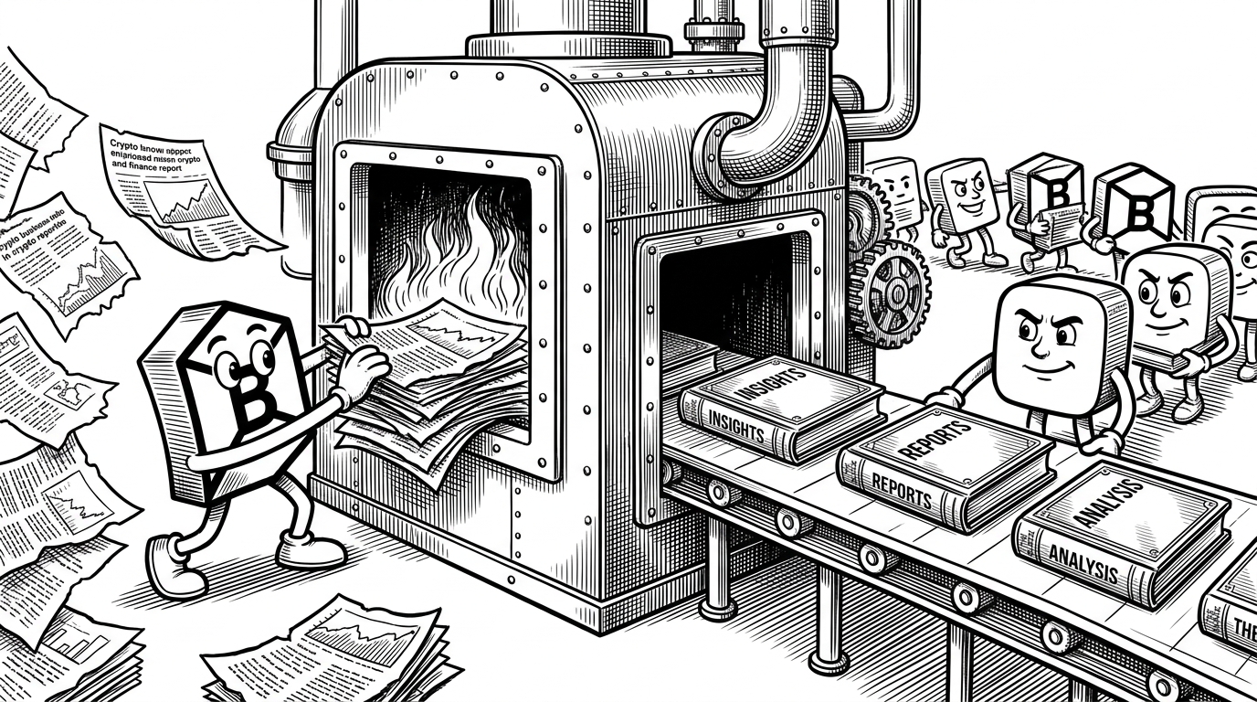 A factory floor scene where messy paper documents are fed into a furnace, and pristine metal books emerge on a conveyor belt. This represents the AI translation process.