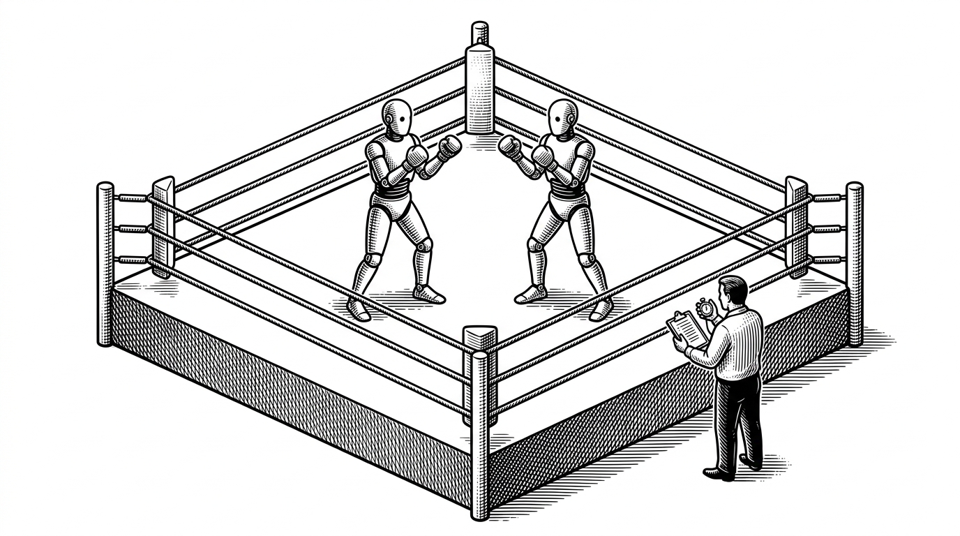 A classic boxing ring viewed from slightly above, with two identical, featureless mechanical automatons facing each other. A judge stands outside holding a clipboard.