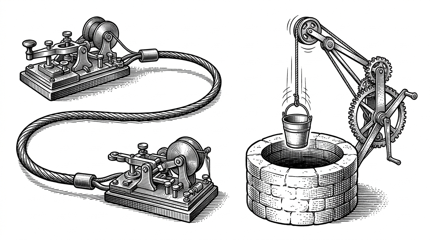 A split composition. Left: a thick taut cable connecting two telegraph machines. Right: a mechanical arm dropping a bucket down a well on a fast timer.