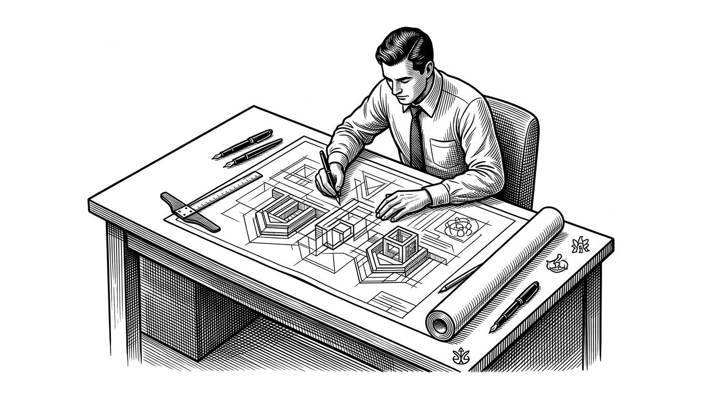 A wide shot of a meticulous architect drafting a blueprint on a massive, otherwise empty desk. The blueprint shows complex geometric structures, but the desk itself is perfectly clean.