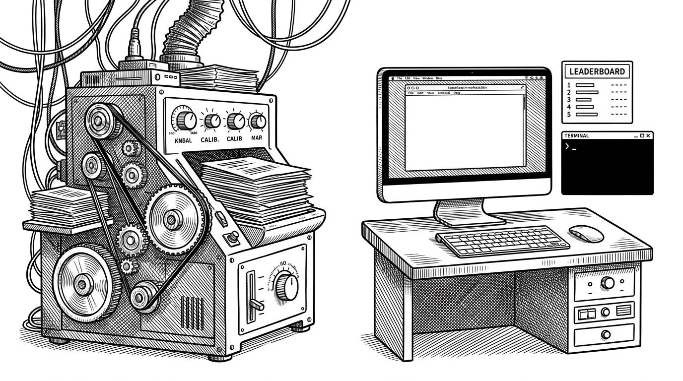 A split scene shows two approaches to evaluation. On the left is a heavy, generalized benchmarking machine with many gears and cables. On the right is a compact local workstation with a clean leaderboard and a few simple controls. The contrast explains the value of a focused, reproducible benchmark.