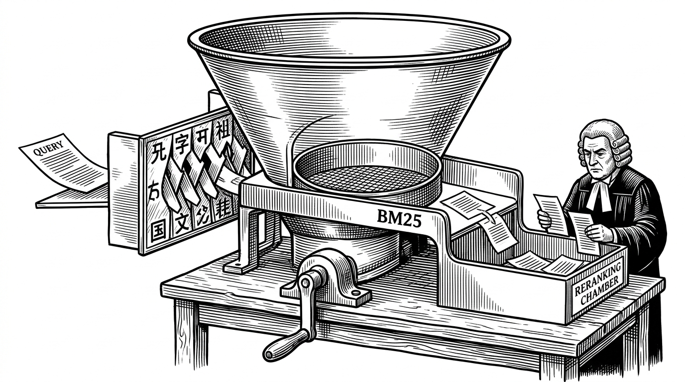 A query slips through a mechanical sorting system. It passes first through a tokenizer gate, then a BM25 sieve, then into a smaller chamber where only a handful of documents are judged again. The scene explains that reranking depends on the documents chosen earlier in the pipeline.