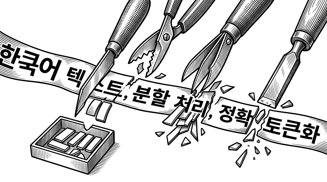 A close-up of a single Korean sentence being split by several small hand tools into different token pieces. One tool leaves a neat set of fragments, while others produce messier cuts. The scene explains that token boundaries can change retrieval quality before reranking begins.