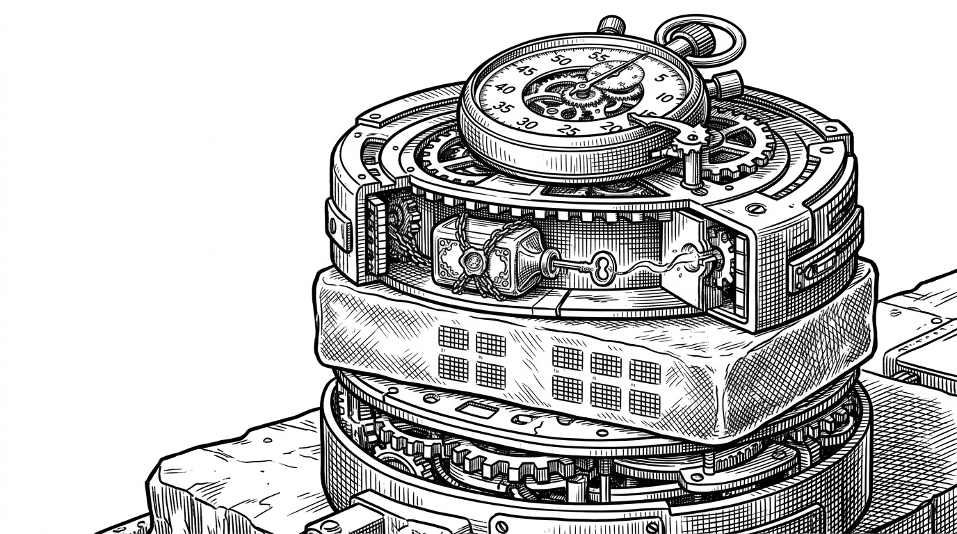 A close-up crosshatched scene shows a Docker layer cake. One layer contains a frozen slab of model weights, another shows a sealed secret token being used during build, and a stopwatch sits frozen just before the first request. The image explains how baking the model into the image shifts work from runtime to build time.