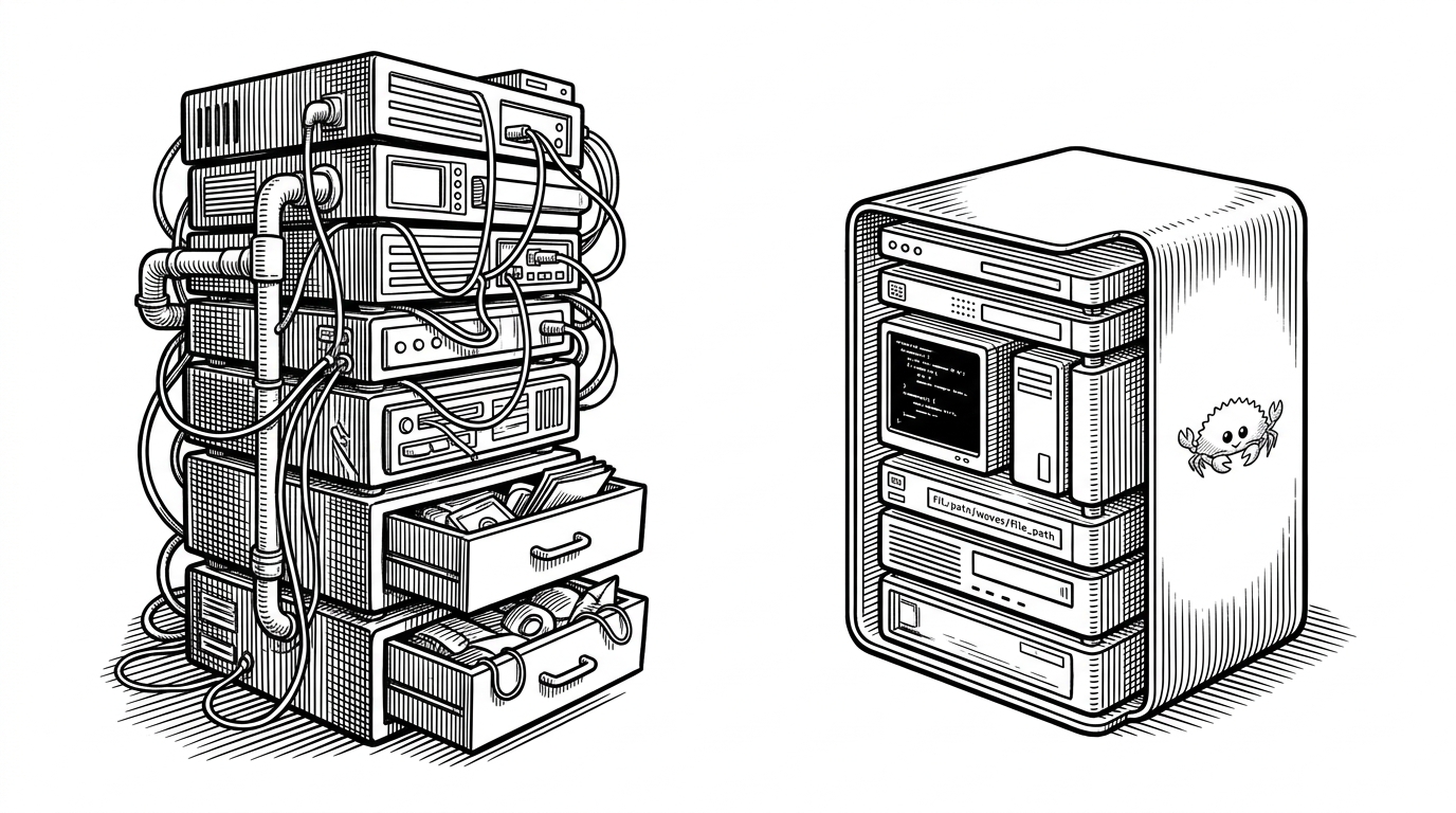A split editorial scene contrasts two stacks. The left side is tall, cluttered, and burdened by many layers, while the right side is compact, tight, and built around a small Rust core with only a thin shell around it. The contrast explains that the project values deployment simplicity and startup speed over feature-heavy platform sprawl.