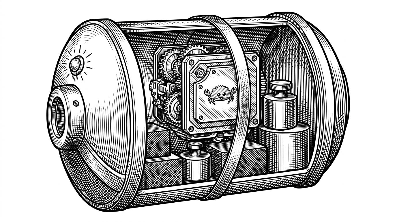 A wide editorial scene shows a compact Rust engine sitting inside a GPU container, wrapped by a thin Python ribbon that only touches the edges. Heavy model blocks are already packed into the floor of the container, and a small health light has just turned green. The image explains that the project wins by moving the expensive work into build time and keeping runtime orchestration minimal.