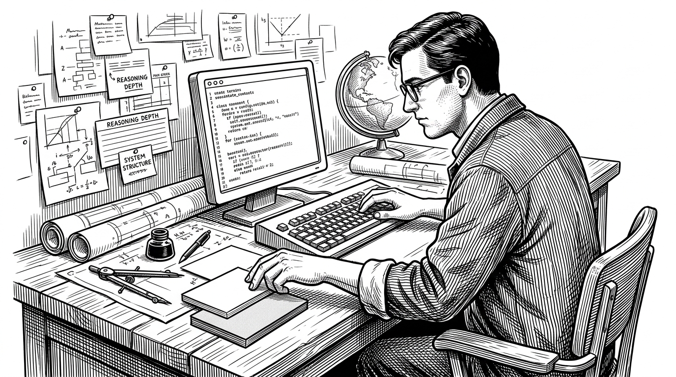 A lone engineer sits at a broad desk that feels closer to a manuscript table than a workstation. Three plain cards, a terminal page, and a compass suggest that the real work is organizing thought, not just writing code. The image explains the manifesto's core claim that cognition is the scarce resource.