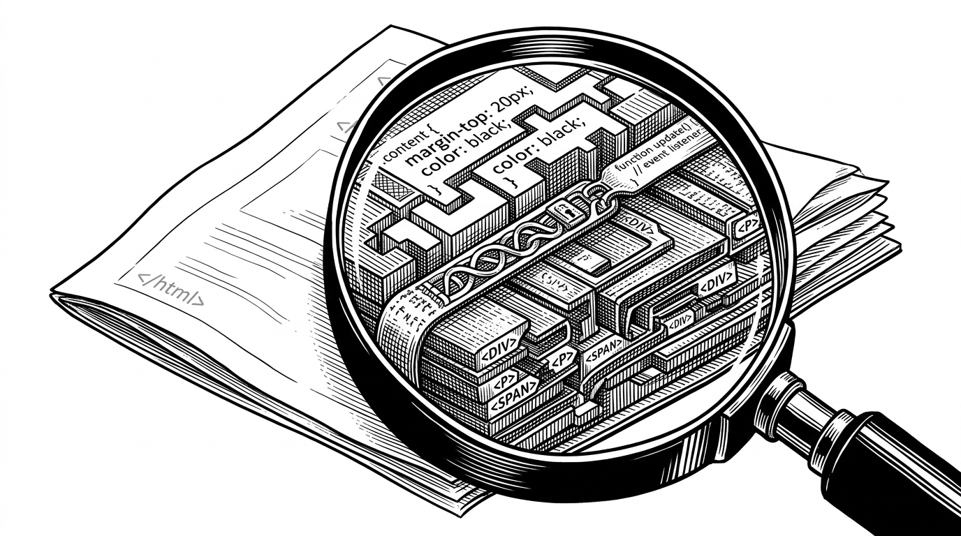 A folded document is viewed under a magnifying loupe, and the layers of the page read like separate engineering strata. The visual contrast between the outer sheet and the exposed interior shows why the single-file HTML approach matters. It makes the whole system portable, inspectable, and easy to fork.