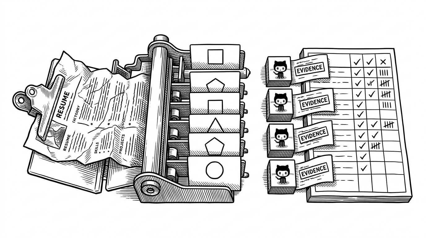 A wide editorial scene shows a resume being pressed into a mechanical sorting desk, where it is split into structured evidence cards and joined by stamped GitHub proof slips before landing in a scoring ledger. The image explains the repo’s core idea: hiring judgment is treated as a traceable pipeline, not a vague chatbot conversation.