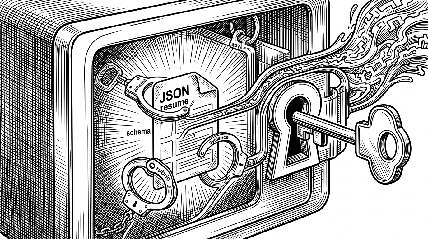 A close-up shows a locked box shaped like a schema keyhole, with a JSON résumé card secured inside by three restraints labeled schema, rubric, and evidence. A stream of model output tries to escape, but narrow channels force it into valid fields. The image explains how the repo limits LLM freedom so outputs remain auditable and machine-usable.